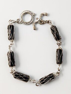 Black and Silver Wire Wrapped Bead Bracelet
